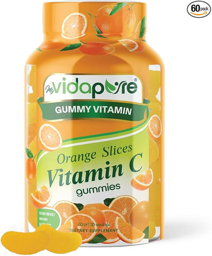 MYVIDAPURE Vitamin C Gummy Slices Natural Orange Flavor Non-GMO Vegan Friendly Gluten Free Gelatin Free (60 Gummies)