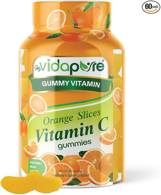 MYVIDAPURE Vitamin C Gummy Slices Natural Orange Flavor Non-GMO Vegan Friendly Gluten Free Gelatin Free (60 Gummies)