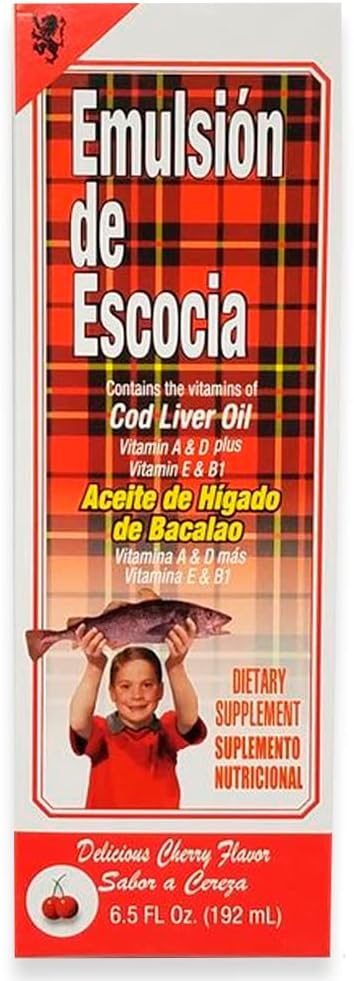 Emulsion de Escocia Cod Liver Oil Dietary Supplement. Rich in Vitamins A, D, E and B1. Cherry Flavoured. 6.5 Fl Oz / 192 mL. Pack of 3