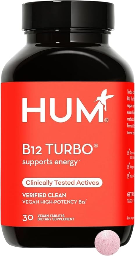 HUM B12 Turbo - Daily Energy & Calcium Support & Mood Support + Hormone Balance - Non-GMO, Gluten-Free, Vegan (30-Count)