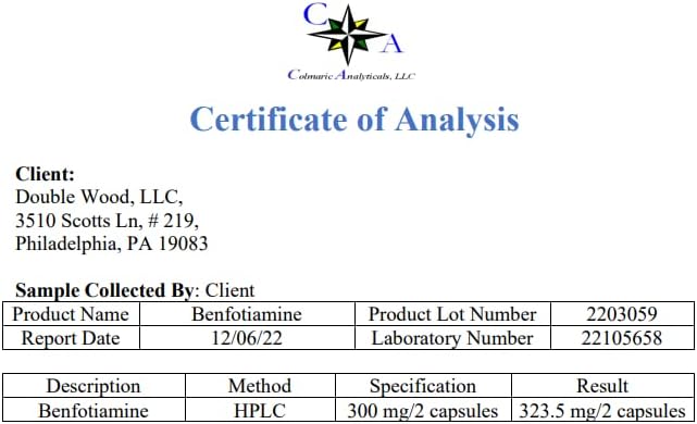 Benfotiamine 300mg Servings (Third Party Tested, 120 Capsules, 150mg Per Cap) Non-GMO, to Boost Thiamine B1 Levels (More Absorbable Than Thiamine, Fat Soluble) by Double Wood