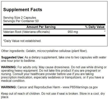 Swanson Valerian Root - Herbal Supplement - Relaxation and Sleep - 100 Capsules, 950mg per Serving
