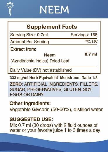Secrets of the Tribe Neem Tincture Alcohol-Free Extract, Neem (Azadirachta Indica) Dried Leaf Tincture Supplement 4 oz