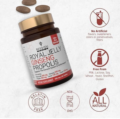 Bee and You Royal Jelly with Ginseng Tablet, Propolis Extract, 60ct, 100% Natural Superfood, Ultra Pure, Immune Support Supplement, Antioxidants, Keto, Paleo, Gluten-Free