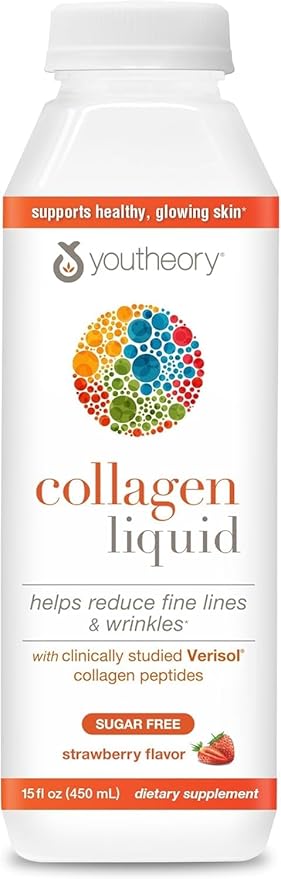 Youtheory Collagen Liquid - 2,5000 mg Hydrolyzed Collagen - Supports Hair, Skin & Nails* - 18 Amino Acids - Sugar-Free & Dairy-Free - Natural Strawberry Flavor - 15 fl oz