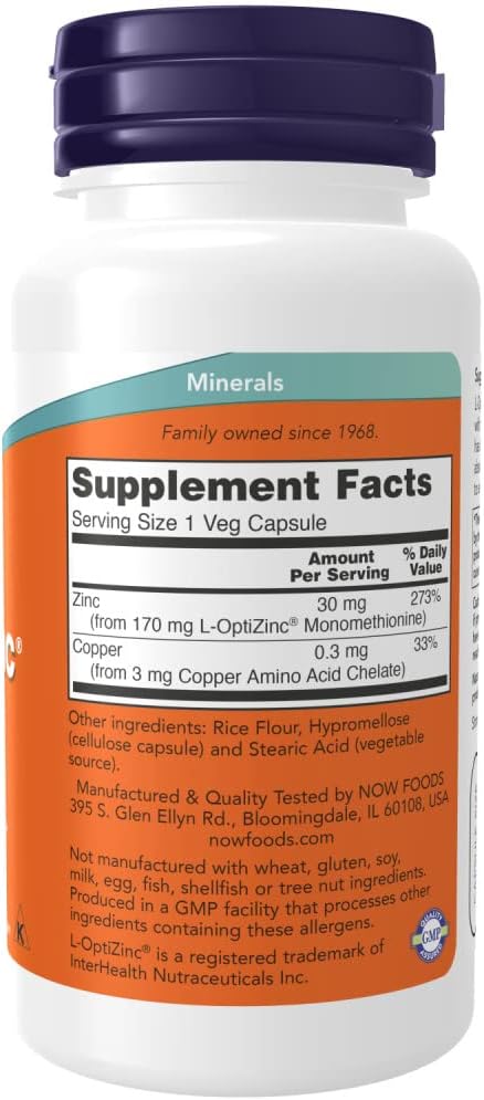 NOW Opti L-zinc, 30mg, 100 Capsules (Pack of 3)