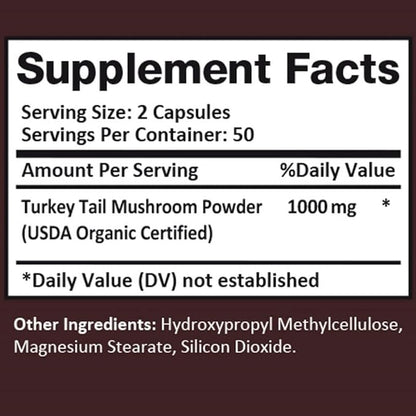 Turkey Tail Mushroom, Natural Immune Support, Wellness, & Vitality | Vegan, Gluten Free (100 Veggie Capsules / 50 Days Supply)