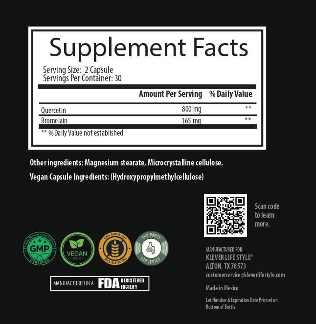 Klever Lifestyle | Quercetin with Bromelain Supplement | Antioxidant Properties, Brain Health | 60 Capsules | 800mg per Serving