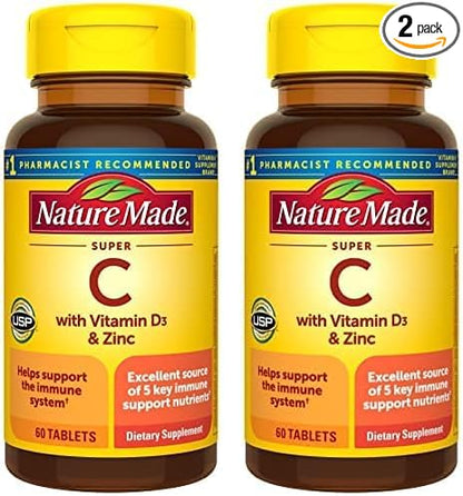 Nature Made Super C with Vitamin D3 and Zinc, Dietary Supplement for Immune Support, 60 Tablets, 60 Day Supply (Pack of 2)