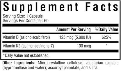 Vitamin D3 + K2 | 5000 IU of D3 (as cholecalciferol) for Optimal Calcium Absorption | 100 mcg of K2 (as menaquinone-7) for Circulatory Health | Supports Bone & Immune Health | 60 Vegetarian Capsules