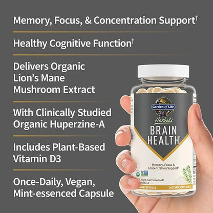 Garden of Life Brain Health Supplement with Organic Lion’s Mane & Turmeric, Non-GMO, Gluten-Free, Mint Flavor - For Memory, Focus & Healthy Brain Function