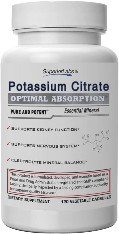 Superior Labs - Potassium Citrate NonGMO Supplement - 100 mg Dosage, 120 Vegetable Capsules - Maintains Overall Health - Supports Kidney Function - Electrolyte Mineral Balance