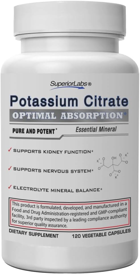 Superior Labs - Potassium Citrate NonGMO Supplement - 100 mg Dosage, 120 Vegetable Capsules - Maintains Overall Health - Supports Kidney Function - Electrolyte Mineral Balance