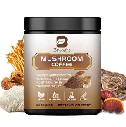 Mushroom Coffee - Lions Mane Mushroom Powder Instant Coffee with Lion's Mane, Reishi, Chaga, Cordyceps, Turkey Tail - 250g Mushroom Coffee Alternative for Energy, Mental Clarity & Focus, Brain Booster