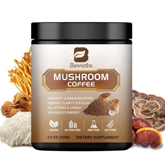 Mushroom Coffee - Lions Mane Mushroom Powder Instant Coffee with Lion's Mane, Reishi, Chaga, Cordyceps, Turkey Tail - 250g Mushroom Coffee Alternative for Energy, Mental Clarity & Focus, Brain Booster