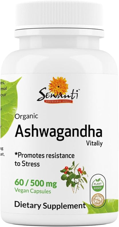 Sewanti Organic Ashwagandha Capsules - Natural Stress Relief & Energy Boost - Dietary Supplement High Potency Extract 60 Vegan Capsules - 500mg