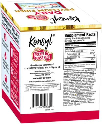 Konsyl Daily Psyllium Fiber Stick Packs - On-The-Go Fiber Supplement Powder - Convenient, All-Natural Soluble Fiber, Gluten-Free & Sugar-Free, Vegan & Keto - 30 Packets