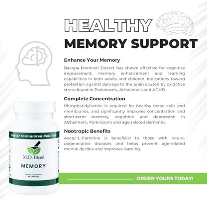 Memory - Natural Blend - Expert Formulated Supplement for Cognitive Wellness, Memory, & Neural Function - Premium L-Tyrosine, Phosphatidylserine, Bacopa Monnieri - 30 Capsules 3 Pack