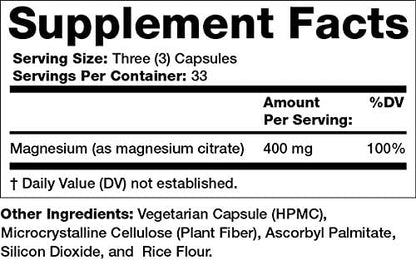 Olympian Labs Magnesium Citrate, 400mg 33 Servings, Support Healthy Nervous System, Muscle & Bone, 100 Capsules