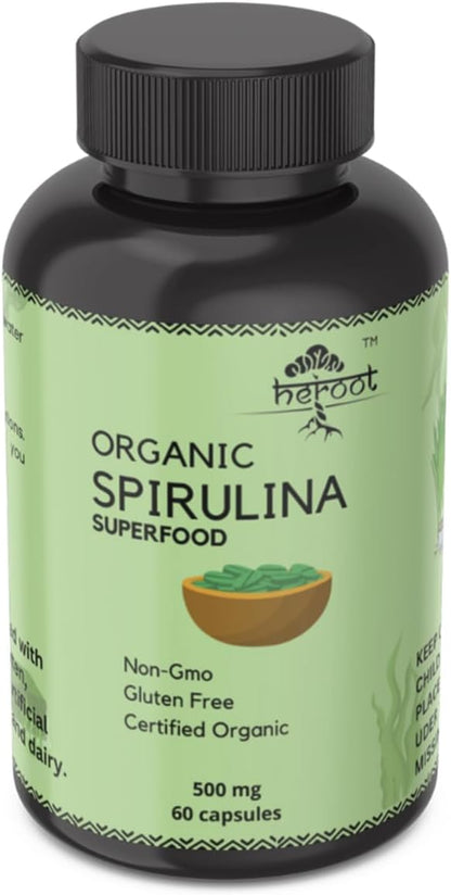 Organic Spirulina Protein Powder Capsules - Vitamins & Minerals for Energy - Vegetarian, Gluten Free 100% Pure Superfood for Optimal Health (60 Capsules)