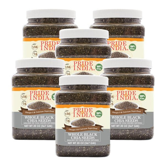 Pride Of India - PACK of 6 - Natural Black Chia Seeds - Omega-3 & Fiber Superfood, 1.25 Pound (20oz) Jar