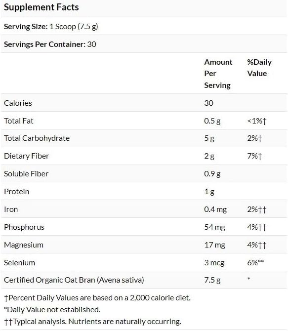 Swanson Certified Organic Oat Bran Fiber 8 Ounce (227 g) Pwdr