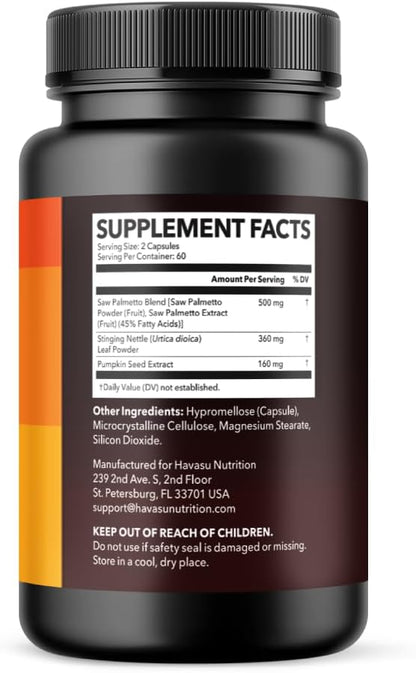 Saw Palmetto Supplement with Stinging Nettle and Pumpkin Seed Extract - Advanced 3X Formula - DHT Blocker Urinary Health and Prostate Support for Mens Health - Vegan, Non-GMO Capsules - 2 Month Supply
