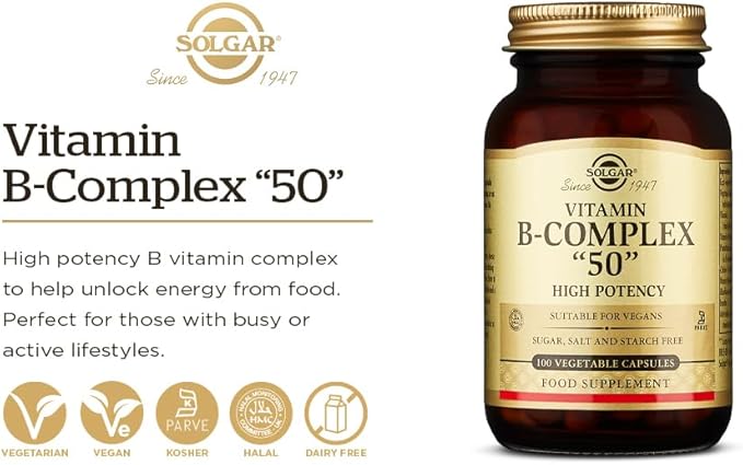 Solgar BComplex “50” Vegetable Capsules Energy Metabolism Cardiovascular Support Nervous System Support NonGMO Vegan Gluten Free Dairy Free Kosher Halal Servings, Standard Packagaing, 100 Count