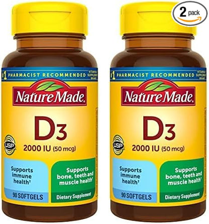 Nature Made Vitamin D3 2000 IU (50 mcg), Dietary Supplement for Bone, Teeth, Muscle and Immune Health Support, 90 Softgels, 90 Day Supply (Pack of 2)