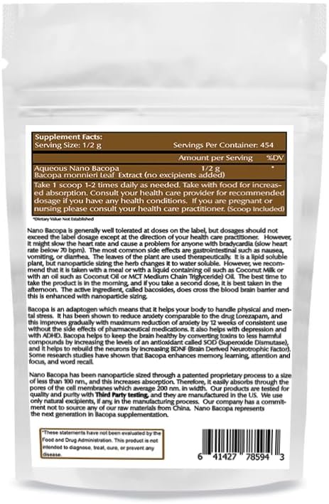 Nano Bacopa Powder 8 oz (227 Servings), Bacopa monnieri Extract, Nano for Easy Absorption, Enhances Memory & Focus, Excipient-Free, Non-GMO, Vegan, Gluten-Free