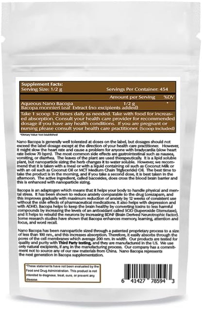Nano Bacopa Powder 8 oz (227 Servings), Bacopa monnieri Extract, Nano for Easy Absorption, Enhances Memory & Focus, Excipient-Free, Non-GMO, Vegan, Gluten-Free