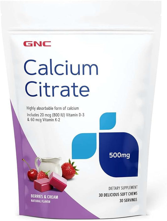 GNC Calcium Citrate 500mg Soft Chews | Highly Absorbable Form of Calcium | Berries & Cream | 30 Count
