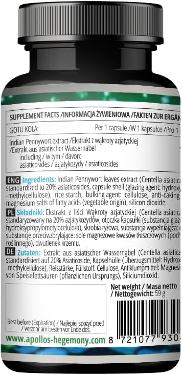 APOLLO'S HEGEMONY Gotu Kola (Centella asiatica Extract) 400mg, Contains 20% Asiaticosides (80mg), 90 Vegan Capsules, 3 Months Supply, Enhances Mental Clarity and Physical Adaptation