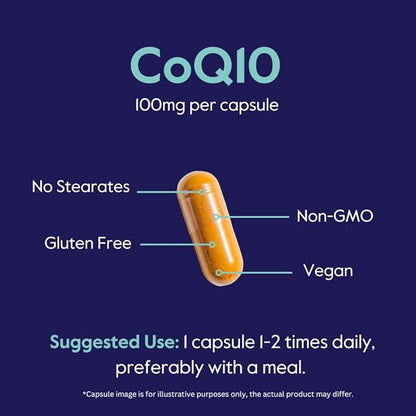 BESTVITE Coenzyme CoQ10 100mg (120 Vegetarian Capsules) Naturally Fermented - No Stearates - No Fillers - Vegan - Non GMO - Gluten Free