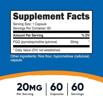 Nutricost PQQ (Pyrroloquinoline Quinone) 20mg, 60 Capsules (2 Bottles) - Veggie Capsules, Non-GMO, Gluten Free