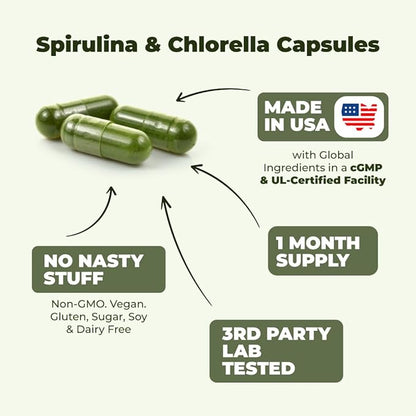 Organic Spirulina and Chlorella Capsules - Spirulina Capsules with Chlorella Powder for Immune, Antioxidant & Energy Support. Nutritious Super Green. Vegan & Non-GMO. Third Party Tested. 60 Caps