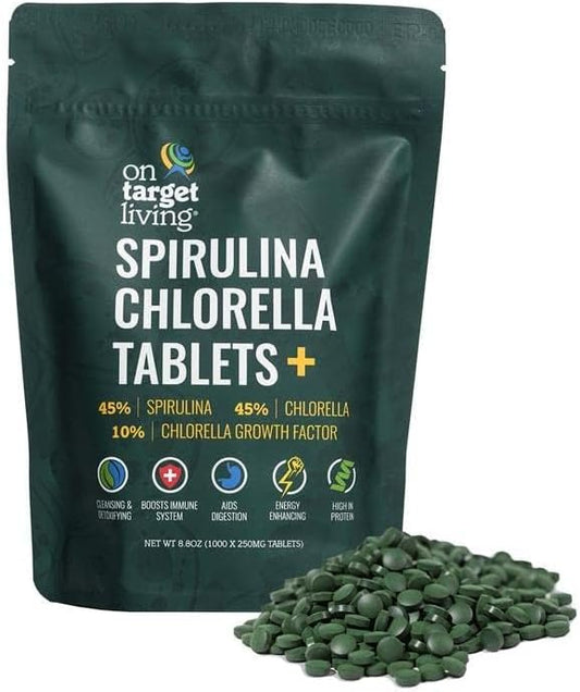 On Target Living Spirulina Chlorella + CGF | 1000 Tablets | Vegan | Boosts Immune System | High in Protein | Alkalyzing | Nutrient Dense | Detoxifying | Energy | Recovery