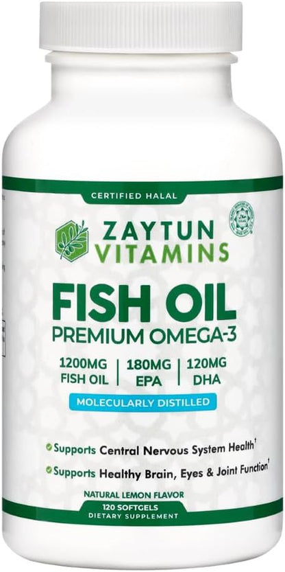 Zaytun Halal Fish Oil 1200mg Omega 3, Premium EPA/DHA, One Per Day, Supports Brain, Heart, Joint Health - 4 Months Supply, Lemon Flavor, Keto Friendly, Gluten Free - Halal Vitamins