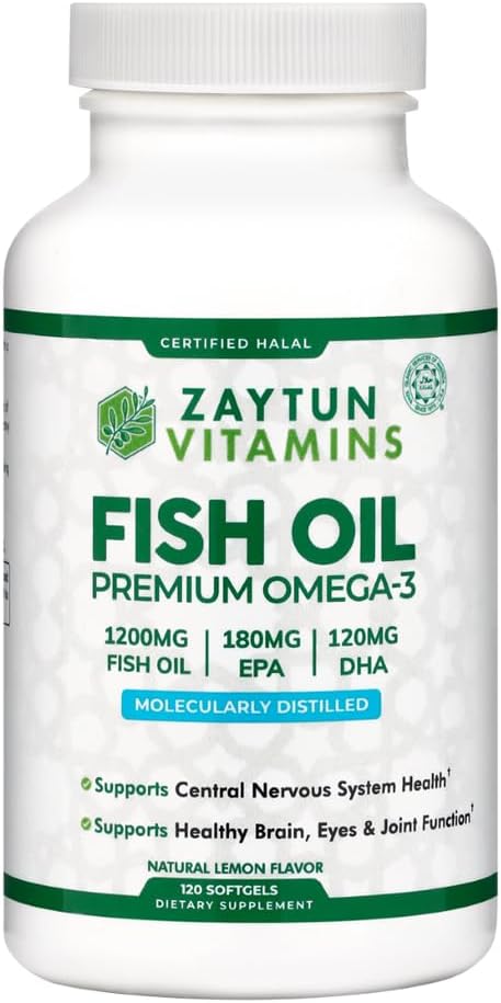 Zaytun Halal Fish Oil 1200mg Omega 3, Premium EPA/DHA, One Per Day, Supports Brain, Heart, Joint Health - 4 Months Supply, Lemon Flavor, Keto Friendly, Gluten Free - Halal Vitamins