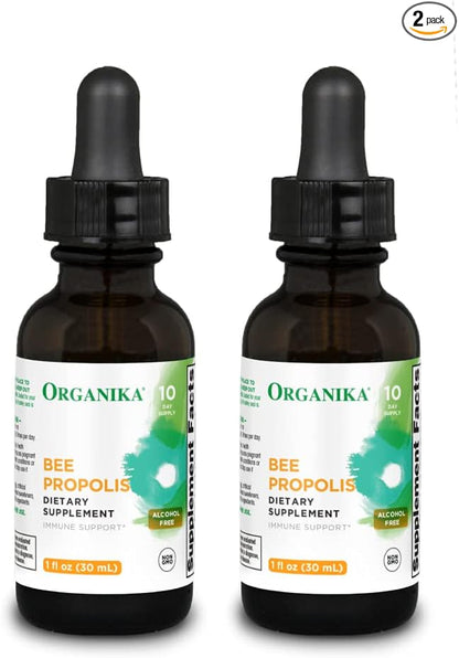 Organika Bee Propolis Tincture 30 ml x 2 Pack: Clean and Vegan Propolis Extract for Immune Defenses, Throat, and Breath - Free of Gluten, GMO, & Artificial Flavors - 20 Day Prop Drops Supply