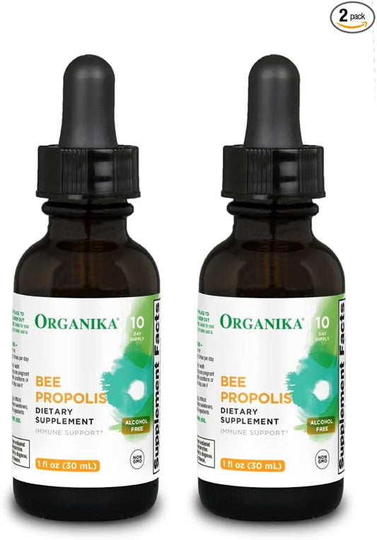 Organika Bee Propolis Tincture 30 ml x 2 Pack: Clean and Vegan Propolis Extract for Immune Defenses, Throat, and Breath - Free of Gluten, GMO, & Artificial Flavors - 20 Day Prop Drops Supply