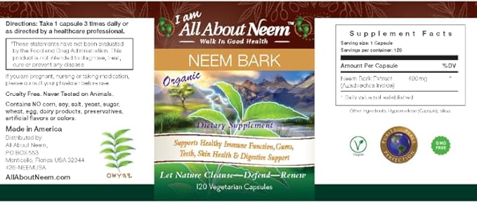 Neem Bark Capsules 400 mg Organic Fresh Ground Neem Bark Powder Grown in America 120 Count & Made in USA Vegan