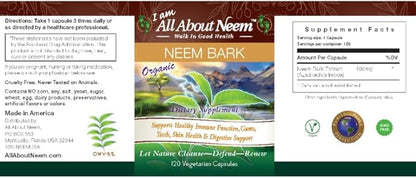Neem Bark Capsules 400 mg Organic Fresh Ground Neem Bark Powder Grown in America 120 Count & Made in USA Vegan