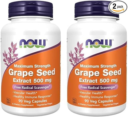 NOW Supplements, Grape Seed Extract, Maximum Strength 500 mg (a Highly Concentrated Extract with a Minimum of 90% Polyphenols), 90 Veg Capsules, Red/Brown, 0.25 pounds (Pack of 2)