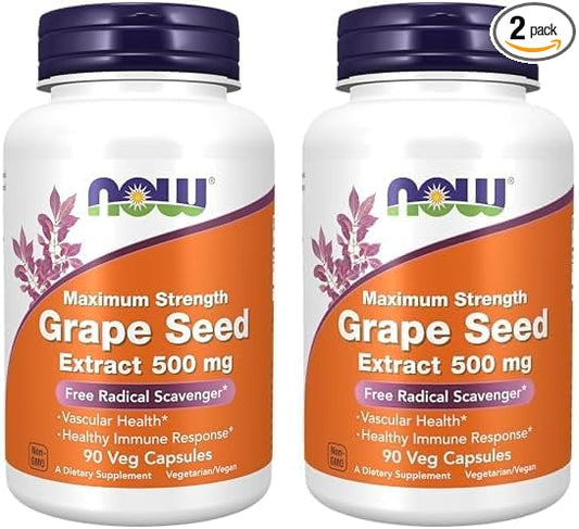NOW Supplements, Grape Seed Extract, Maximum Strength 500 mg (a Highly Concentrated Extract with a Minimum of 90% Polyphenols), 90 Veg Capsules, Red/Brown, 0.25 pounds (Pack of 2)