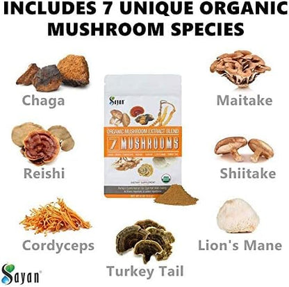 Sayan 7 Mushrooms USDA Organic Extract Powder Blend Supplement 4 oz / 113g - Chaga, Reishi, Cordyceps, Maitake, Shiitake, Lion's Mane and Turkey Tail, No Fillers, Add to Coffee or Tea, Fruiting Body
