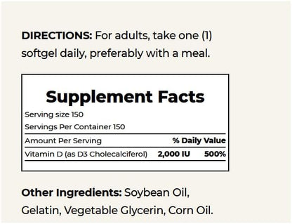Nature's Bounty Vitamin D, Supports Immune Health & Bone Health, 2000IU Vitamin D3, 150 Softgels,150 Count (Pack of 2)