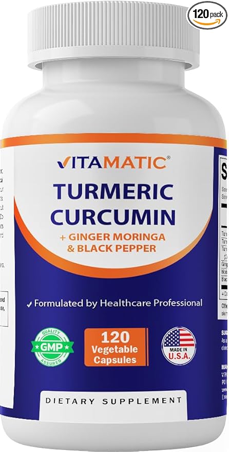 Vitamatic Turmeric Curcumin Supplement 3000 mg Equivalent Per Serving, Made with 95% Curcuminoids, Black Pepper, Ginger, Moringa, 120 Vegetable Capsules, Non-GMO, Gluten Free (120 Capsules)