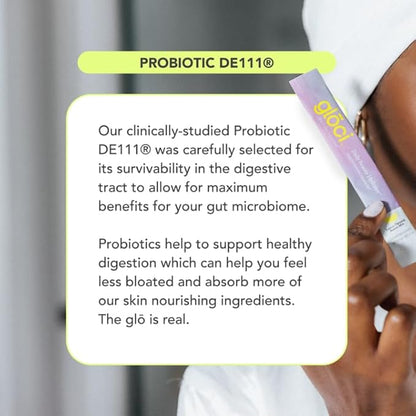 Gloci Skin + Gut - Probiotic DE111 - Hyaluronic Acid, Magnesium, Vitamin C, Zinc, Coconut Water Powder - Clinically Studied Probiotic for Radiant Skin, Gut Health, Hydration - 30 Count
