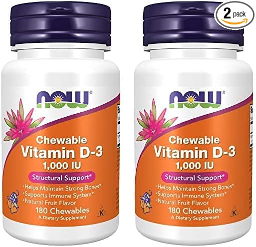 NOW Supplements, Vitamin D-3 1,000 IU, Natural Fruit Flavor, Structural Support*, 180 Chewables (Pack of 2)